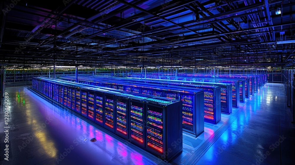 High-performance server rack illuminating a modern data center with ...