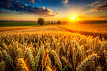 Wall Mural - Sunset Wheat Field Tilt-Shift Photography: Golden Hour Rural Landscape Banner