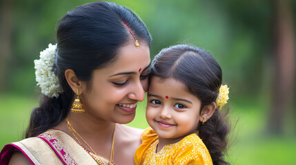 a happy indian mother playing with her daughter outdoors.
