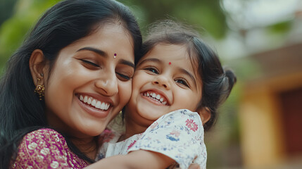 a happy indian mother playing with her daughter outdoors.