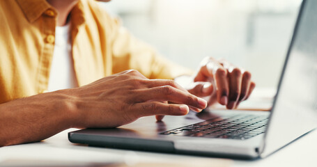 Poster - Hands, laptop and typing with business person at desk in office for online planning or research. Computer, report and update with employee drafting email for feedback or review of design project
