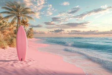 Aufkleber - Surfboard resting on a pink beach at sunset with palm trees and gentle waves in the background