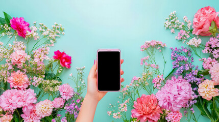 Aufkleber - Bright smartphone resting among colorful flowers on a light blue background showcasing a vibrant spring atmosphere