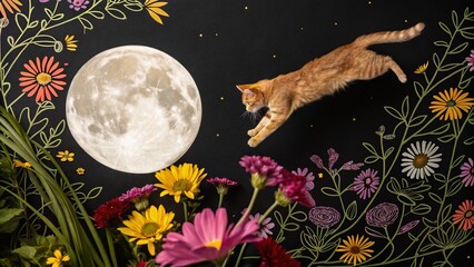 Wall Mural - Surreal Orange Cat Soaring Above Moonlit Flowers, Black Background, Illustrated Pattern