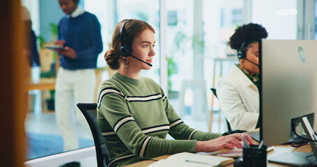 Wall Mural - Business people, call center and woman with computer, telemarketing and employees in modern office. Person, help desk and consultant for insurance company, headset and online reading for client info