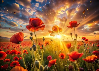 Wall Mural - Surreal Poppy Field: Sun-Drenched Dreamscape of Vibrant Blooms