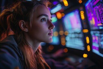 Poster - Young woman focused on computer screens while working late in a dimly lit tech environment