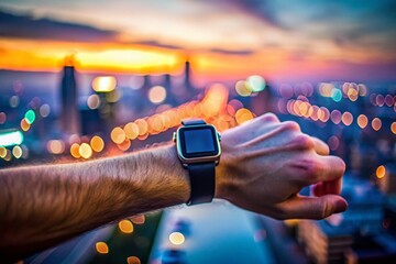 Wall Mural - Surreal Twilight Wristwatch: Close-up Smartwatch on Wrist, Urban Blur