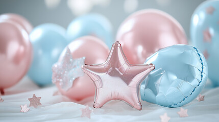 Wall Mural - Star-shaped metallic balloon in soft pink surrounded by pastel blue and pink balloons, stylish festive decoration for baby shower or gender reveal party setting