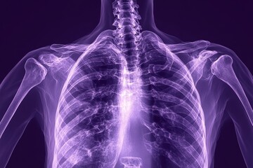 Poster - Detailed X-ray image showcasing human ribs and spine structure in purple hues against a dark background