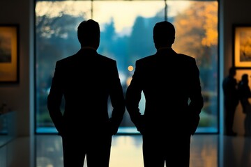 Two men in suits observing a gallery at sunset, enjoying an art exhibition and the atmosphere of the moment