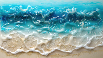 Wall Mural - vibrant ocean wave with swirling blue and white foam, blending into sandy beach. artwork captures dynamic movement of water and serene beauty of shore