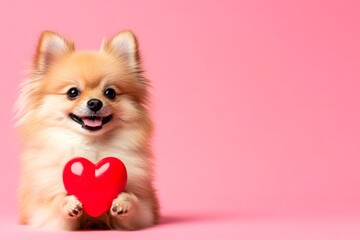 Marketing visual idea. Cute pomeranian pup with companion toy red heart - sign of love, funny greeting card. Pomeranian - my preferred dog. Dog and heartwarming moments. Cute puppy pictures.