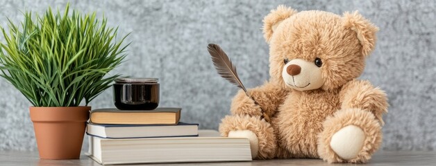 A teddy bear on a vintage table holds a red quill pen by an inkwell, set against a textured concrete wall.