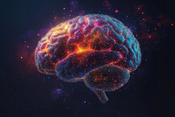Leinwandbilder - Colorful abstract representation of a brain illuminated by cosmic elements in a dark background