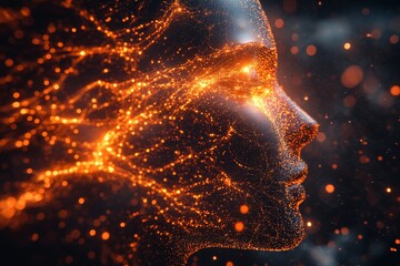 Fototapete - Abstract representation of human features illuminated with glowing particles at night