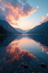 Wall Mural - Water surface reflection of the sky in Kashubia lake, morning, lake life