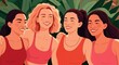 © Alexandr - Four women smiling together in vibrant tank tops, showcasing friendship and joy