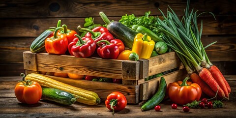 Wall Mural - Vibrant Fresh Vegetables in Rustic Wooden Crate - Long Exposure Stock Photo