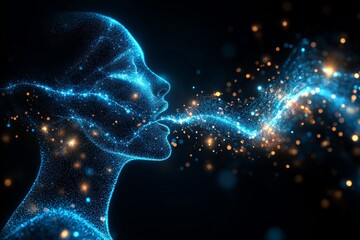 Fototapete - Digital representation of a person in profile emitting light particles in a dark background