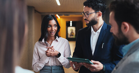 Poster - Conference, lobby and business people with tablet for feedback, schedule discussion or hotel hall planning. Seminar, employee and keynote speaker with smile for networking, research and online review