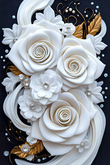 Poster - A stunning arrangement of white roses and delicate flowers, accented with gold leaves and elegant swirls on a contrasting dark background.