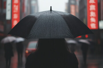 Wall Mural - A woman is walking down a street with an umbrella over her head