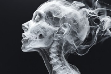 Poster - X-ray depiction of a human skull and neck with artistic smoke patterns against a dark background
