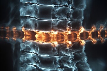 Poster - Visualization of a human spine highlighting bone structure and nervous system activity in a digital representation