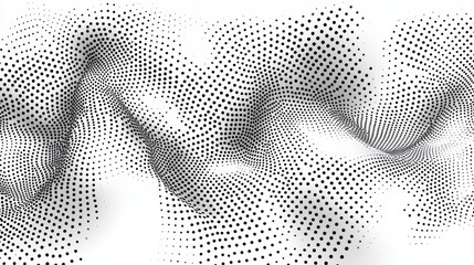 Flowing dots particles wave pattern halftone gradient curve shape isolated on white background. Vector in concept