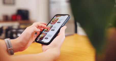 Aufkleber - Hands, person and phone screen of online shopping with food menu, meal choice and restaurant catalog. Customer, scroll and mobile website for ecommerce, nutrition lunch and order information at house