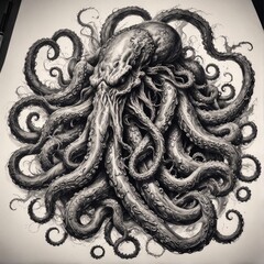 Wall Mural -  a black and white drawing of an octopus with its tentacles spread out on a piece of paper, with a pen beside it