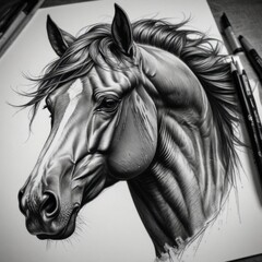 Canvas Print -   a black and white drawing of a horse on a piece of paper, with a few pens scattered around it 