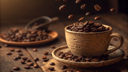 Wall Mural - Vintage Coffee Beans Falling into Cup - Rustic Still Life Photography