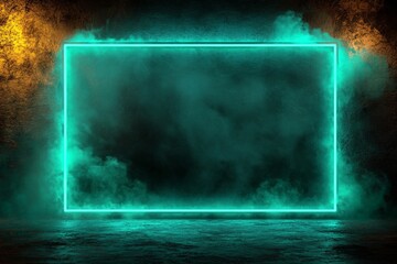 Modern neon frame illuminated by a blue glow with fog effects in a dark environment suitable for creative designs or backgrounds