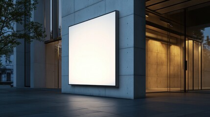 Wall Mural - Blank white signage with backlight on the corner of modern concrete building near entrance, 3D rendering, mockup