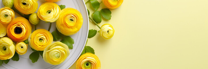 Poster - Beautiful arrangement of yellow ranunculus flowers on a light yellow background showcasing vibrant colors and delicate textures