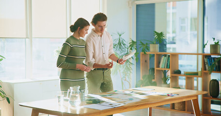 Poster - Collaboration, design and tablet with editing team in creative workplace for discussion or planning. Choice, conversation or magazine with business man and woman in office boardroom for publishing