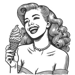 Wall Mural - woman eating ice cream engraving vector