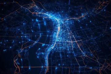 Fototapete - Urban network illuminated at night showcasing city layout and connectivity in a digital representation of urban life