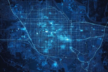 Fototapete - Urban city grid illuminated in blue displays vibrant energy and connectivity at night