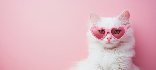  Stylish white cat wearing pink heart-shaped sunglasses on a pastel pink background. Perfect for Valentine’s Day promotions, pet-themed campaigns, and cheerful designs
