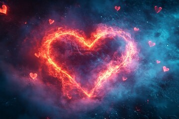 Poster - Bright fiery heart shape surrounded by glowing hearts in a cosmic background at night