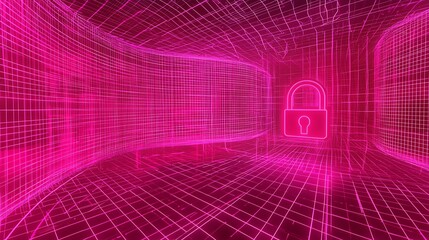 Wall Mural - Pink digital security lock in a virtual space.  Cybersecurity concept