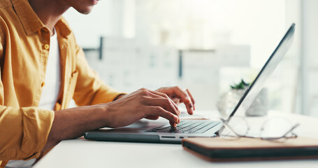 Wall Mural - Typing, laptop and hands of businessman in office for online planning, writing proposal and research. Creative, professional and worker on computer for project, website reviewer and internet feedback