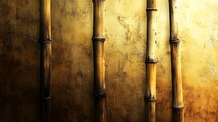 Wall Mural - Golden bamboo stalks against textured wall; Asian spa background