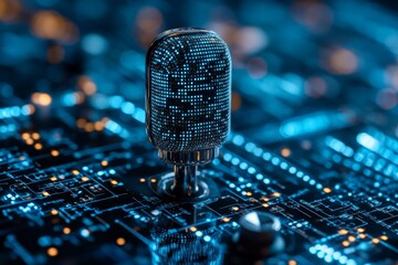 Leinwandbilder - Microphone connected to high-tech circuit board in a digital environment showcasing advanced technology