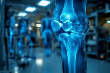 Poster - Detailed view of a blue-tinted knee joint in a medical laboratory setting at night