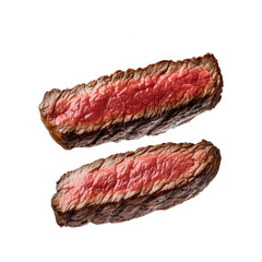 Sticker - Medium rare sirloin beef steak slices showcasing juicy interiors isolated on white transparent background. Concept of steakhouse cuisine and cooked meat