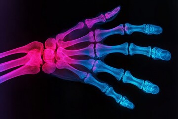 Poster - X-ray of a human hand displaying bones in vibrant pink and blue hues